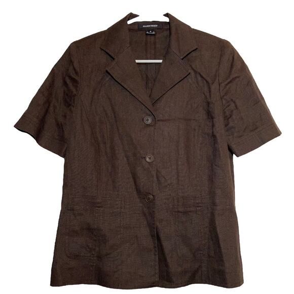 Vintage Ellen Tracy 100% Linen Button Up 80s Short Sleeve Blouse Collar Brown 8 - Picture 1 of 6